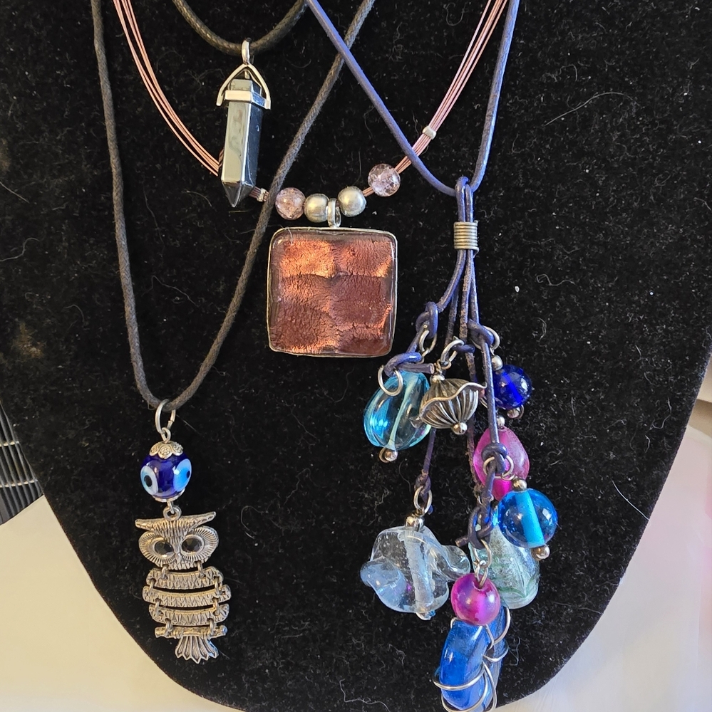 Lot 4 Boho Vintage Necklace Lot Cord Or Wire Acrylic Beads Glass Owl Hematite